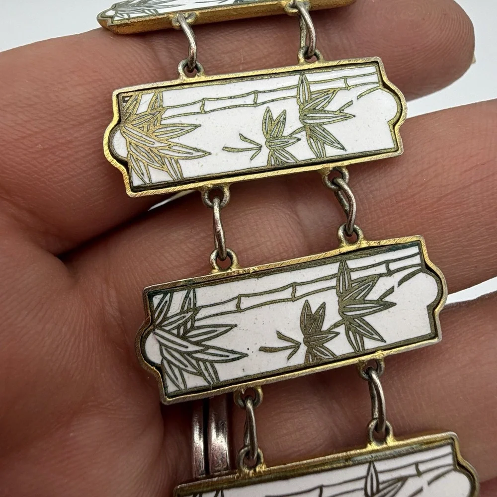 Vintage Japanese Satsuma Bamboo Bracelet Inlay Link Panel Security Chain Read